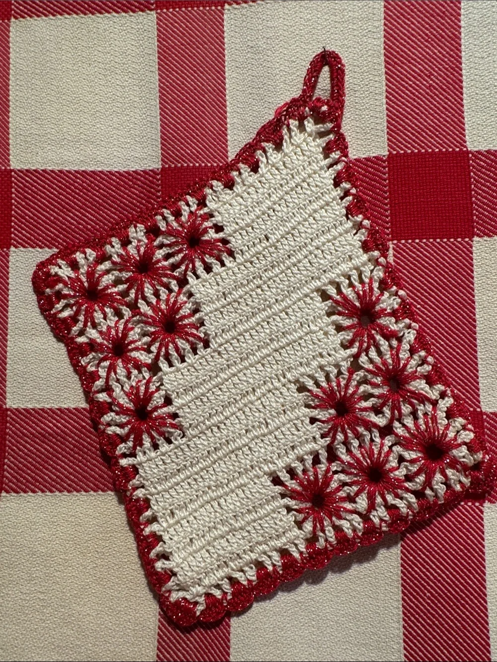 Handmade Cream and Red Crochet Pot Holder